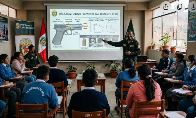 Exposición sobre balística forense ante participantes de una actividad académica